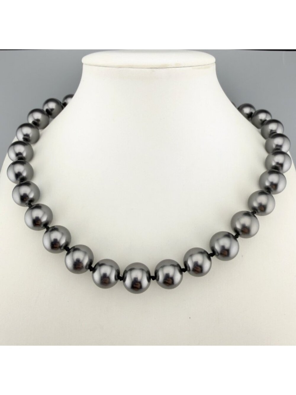 Gray Glass Beaded Faux Pearl Necklace Hand Knotted 15"